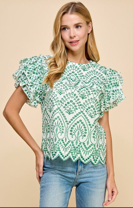 Green Eyelet Top