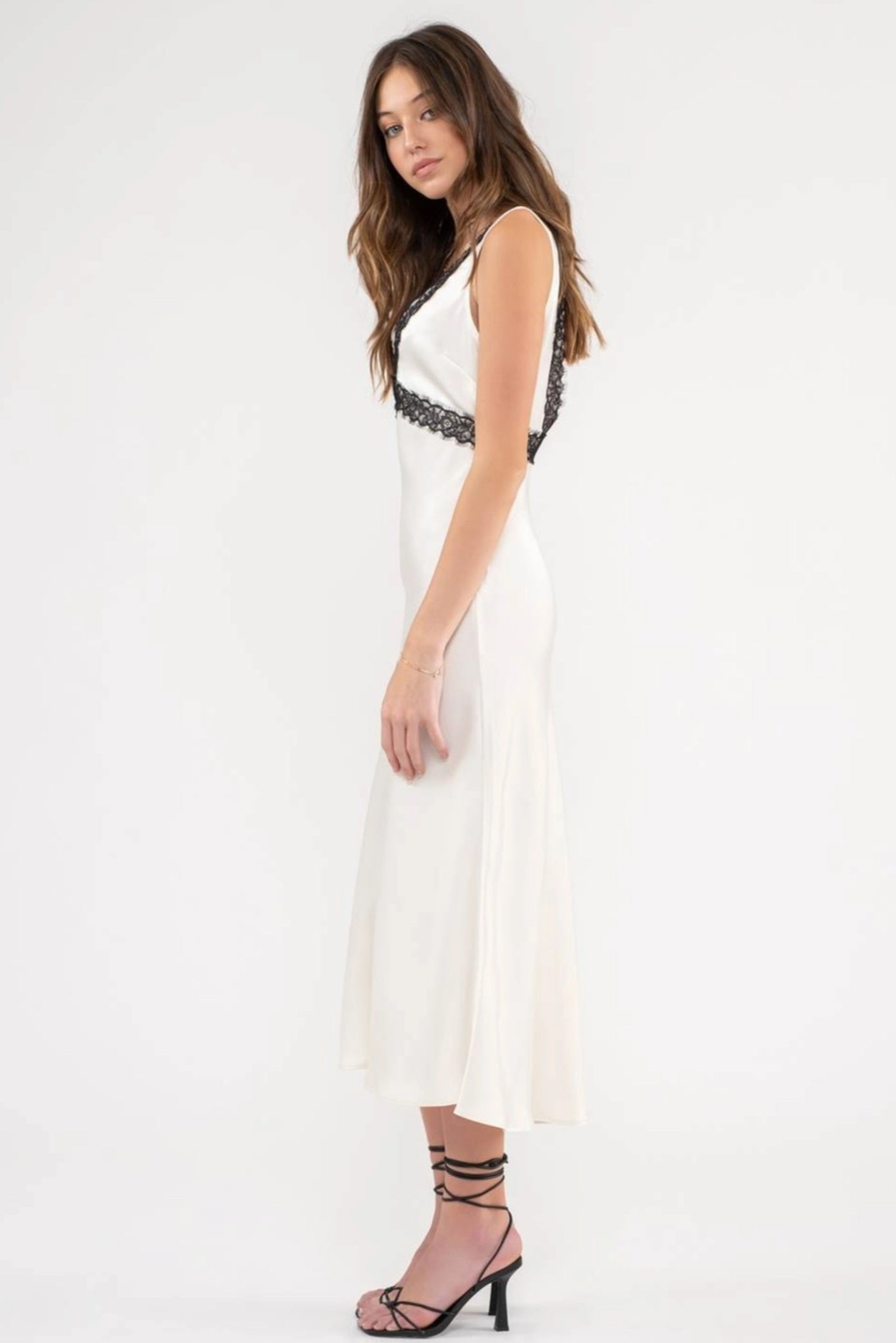Lace Trim Silk Satin Dress