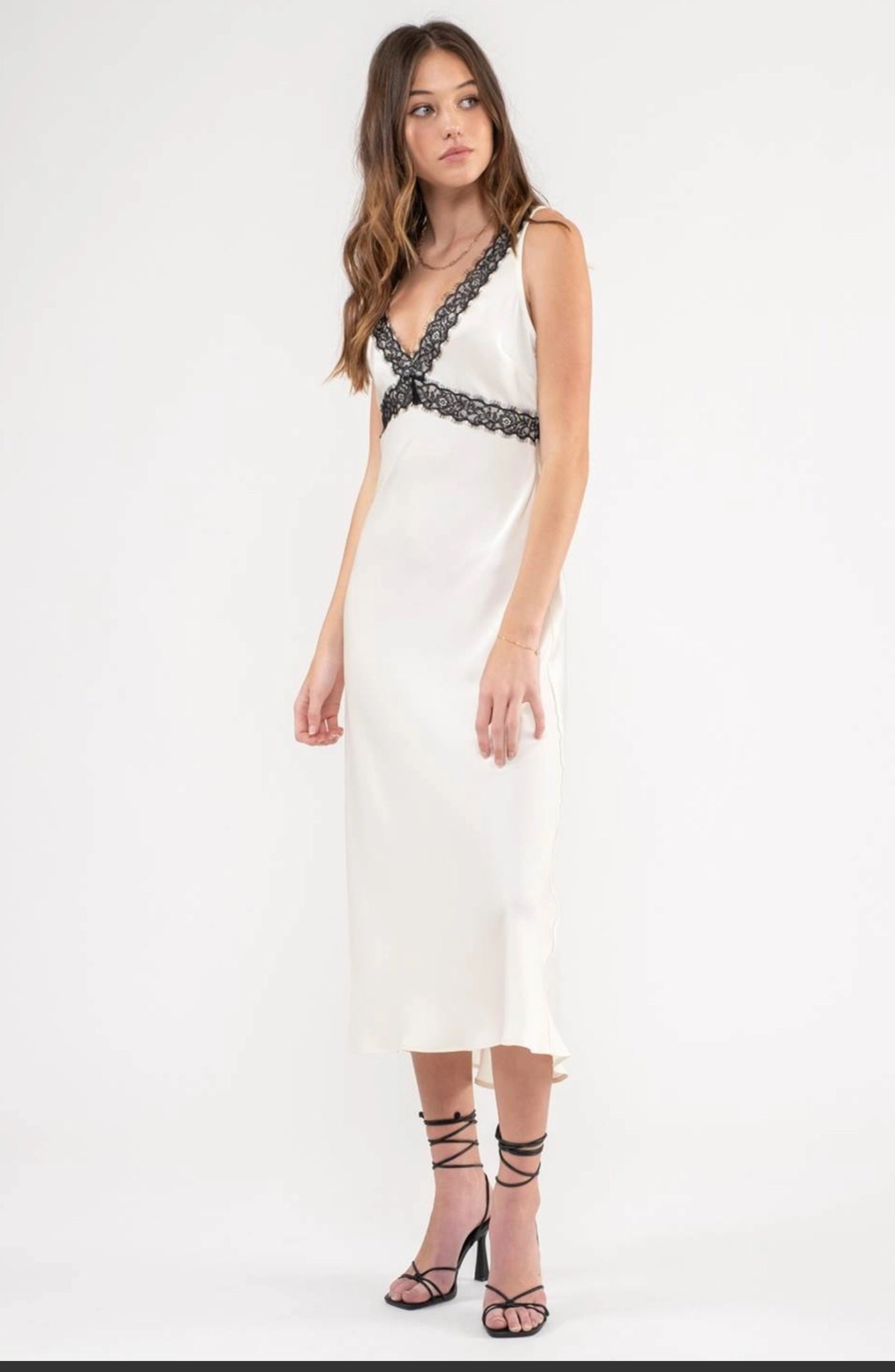 Lace Trim Silk Satin Dress
