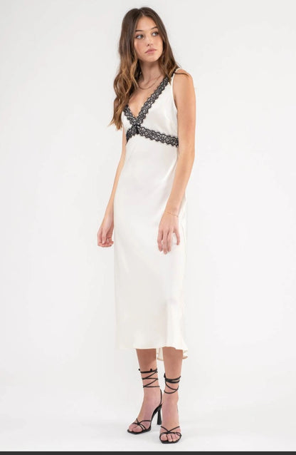 Lace Trim Silk Satin Dress
