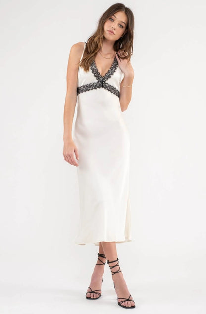 Lace Trim Silk Satin Dress