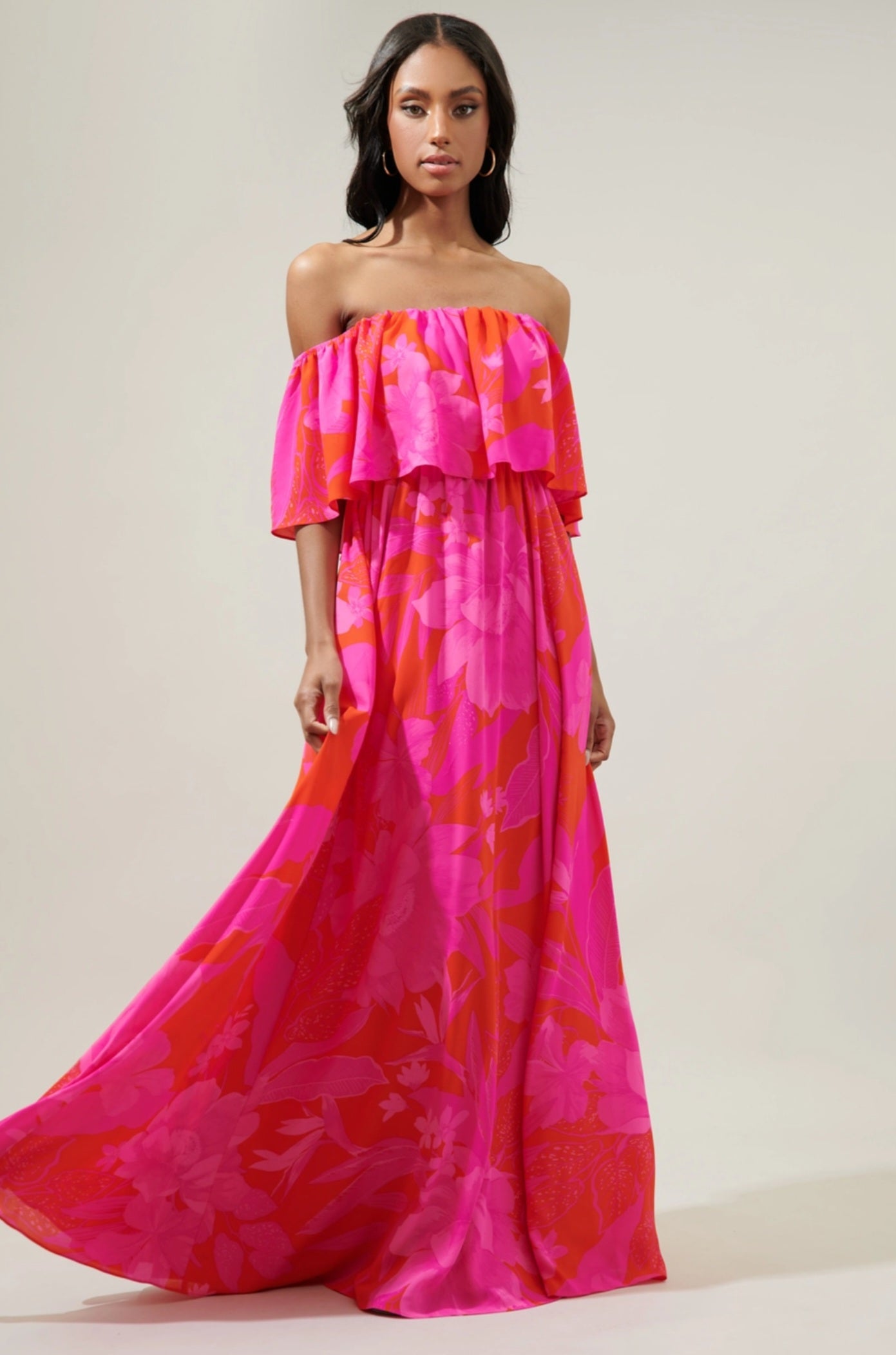 Off Shoulder Fuchsia Ruffle Dress