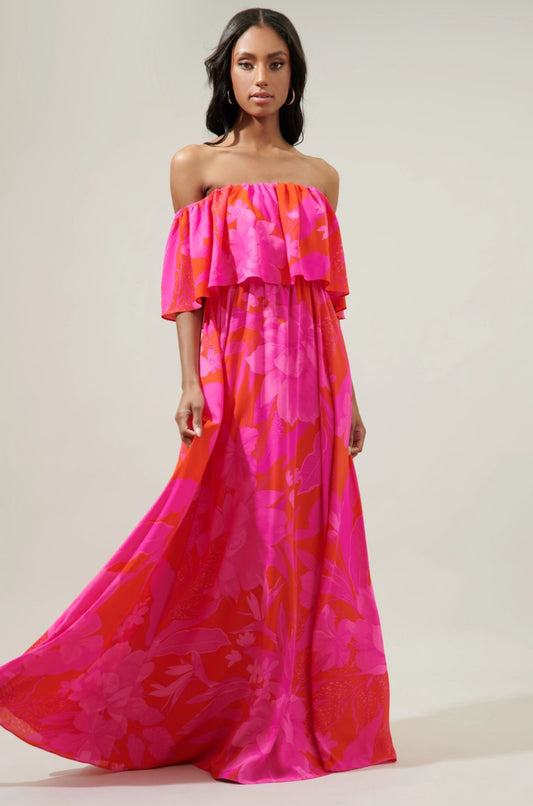 Off Shoulder Fuchsia Ruffle Dress