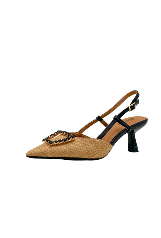 Raffia Heels with Black Rhinestones