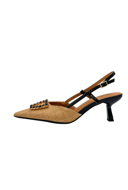 Raffia Heels with Black Rhinestones